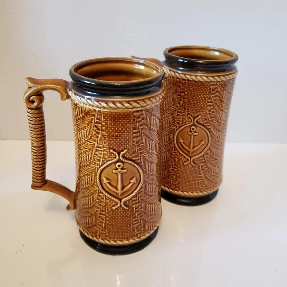 Vintage BCM Belgo Canadian set of 2 Tall Ceramic Brown/White Nautical Beer Stein - Picture 3 of 9